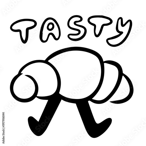 Hand Drawn Croissant with Legs and Tasty Sign for Cafe Design
