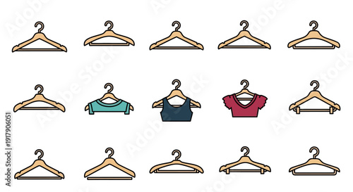 Clothing hanger apparel display icon collection silhouette vector illustration representing wardrobe organization fashion retail presentation garment storage and boutique merchandising system designed