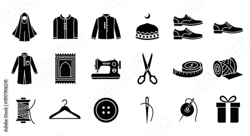 Clothing fashion tailoring and garment production icon collection silhouette vector illustration representing apparel design sewing equipment textile industry wardrobe items and style accessories desi