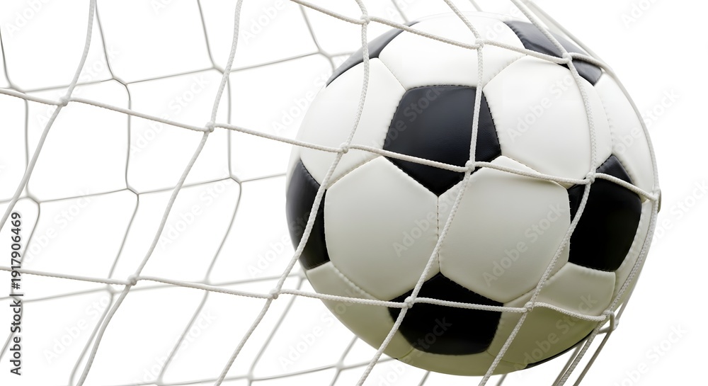 Naklejka premium Standard Soccer Ball About to Enter White Goal Net Frame with White and Black Pentagonal Panels