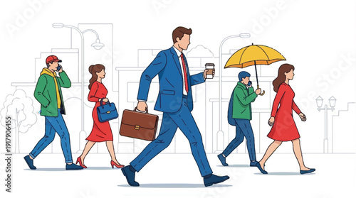 people walking on city street with briefcase and umbrella