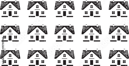 A series of stylized black and white suburban houses with triangular roofs and chimneys