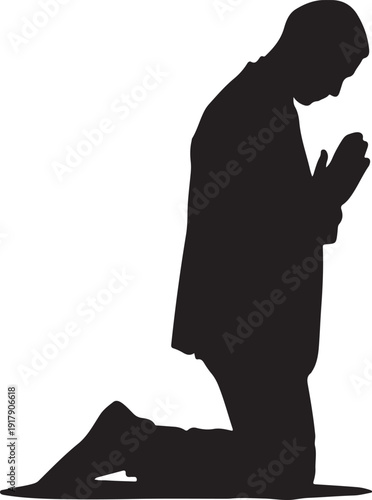 Person kneeling in prayer with hands clasped in solemn devotion