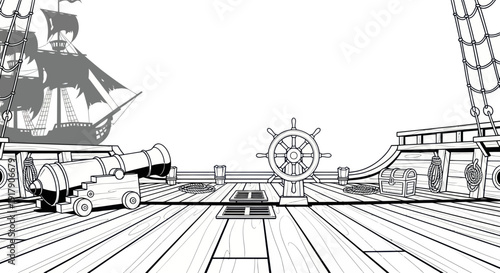 Pirate Ship Deck with Cannon, Helm, and Treasure Chest - Black and White Line Art