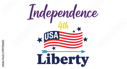 American independence day icon, USA flag with liberty text, patriotic symbol. Created in vector style with red, white, and blue colors.