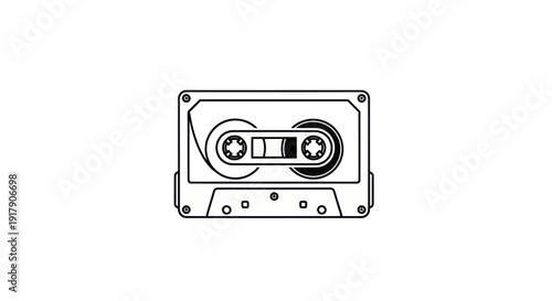 Retro audio cassette tape icon, vintage music storage media, minimalist line art
