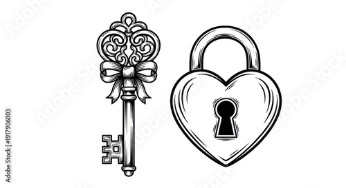 Vintage Heart Lock and Ornate Key with Bow Illustration
