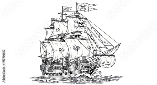 Vintage Pirate Ship Sailing on the Ocean Waves, Nautical Adventure