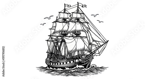 Vintage Sailboat Sailing on Textured Sea Waves, Nautical Illustration