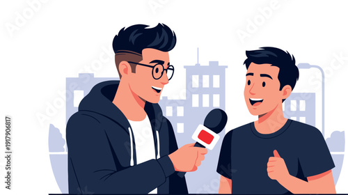 Illustration of a male internet influencer conducting interviews on the street, isolated on white background