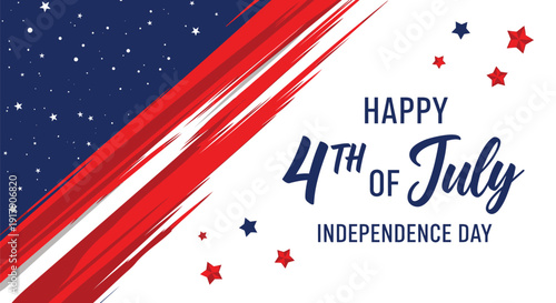 Patriotic 4th of July Independence Day vector graphic with red, white, and blue stars and streaks.