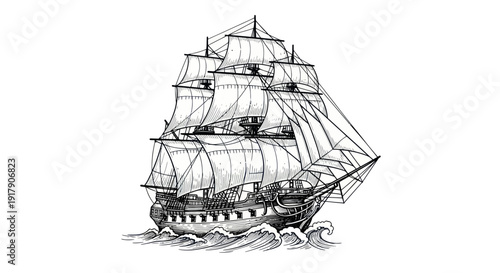 Vintage Sailing Ship Illustration: Tall Ship on Rough Seas, Nautical Art