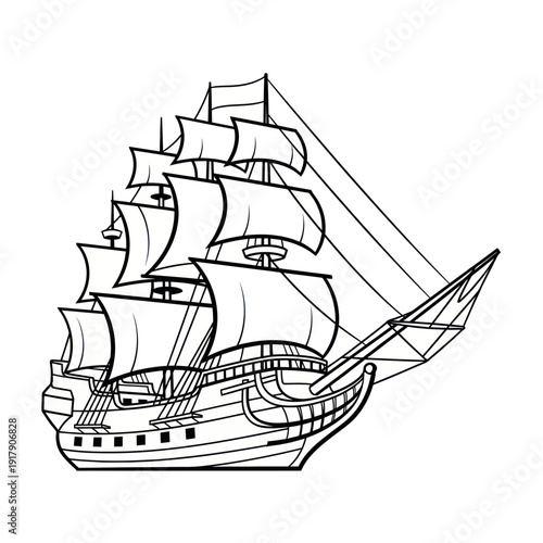 Vintage Sailing Ship Line Art Illustration