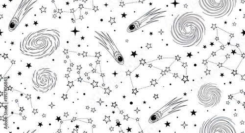 Whimsical Hand-Drawn Space Pattern: Stars, Comets, Galaxies, and Constellations