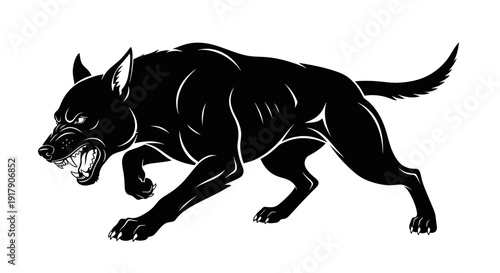 Aggressive Black Dog Illustration, Growling Fiercely with Bared Teeth