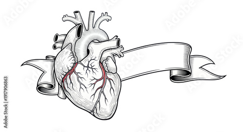 Anatomical Heart with Blank Ribbon Banner - Medical Illustration
