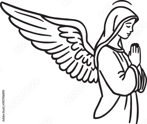 A serene depiction of an angel with outstretched wings and folded hands in prayer