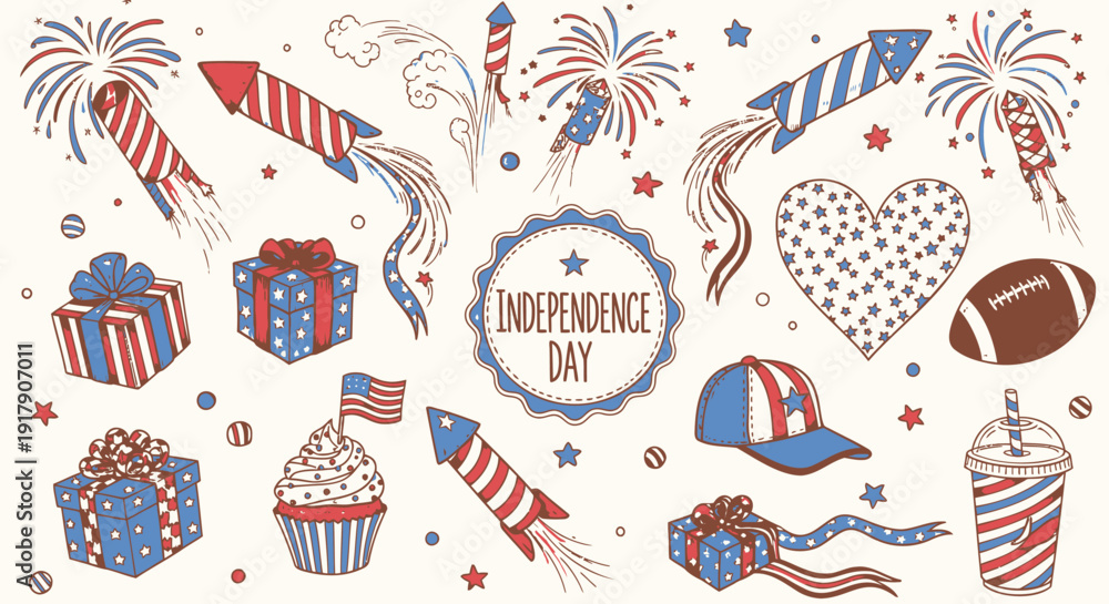 Naklejka premium Patriotic icon collection. Includes fireworks, gifts, cupcakes, American flag, heart, football, baseball cap, and stars. Created in colorful style with red, white, and blue palette.