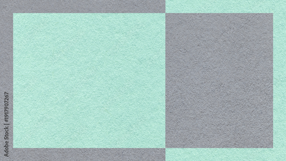 Fototapeta premium Textured gray light mint paper background with outer frame and geometric panel. Template for presentation with copy space