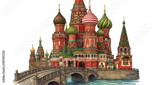 Saint Basils Cathedral with bridge and river Moscow Russia landmark
