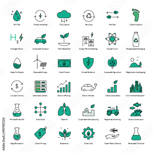 A collection of green and grey eco friendly icons
