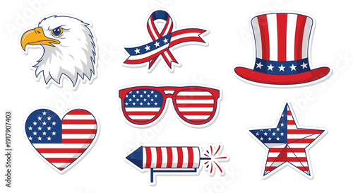 Patriotic icon collection. Includes American flag symbols, eagle, hat, sunglasses, heart, firework, star. Created in flat style with red, white, and blue palette