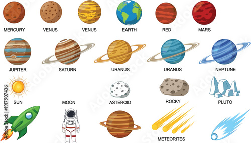 Solar System Vector Set Featuring Planets, Sun, Moon, Asteroids, Comets, Rocket, Astronaut, and Space Objects for Astronomy Designs