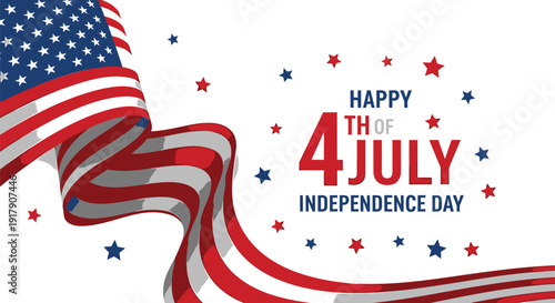 Patriotic 4th of July Independence Day vector illustration with American flag ribbon and stars.