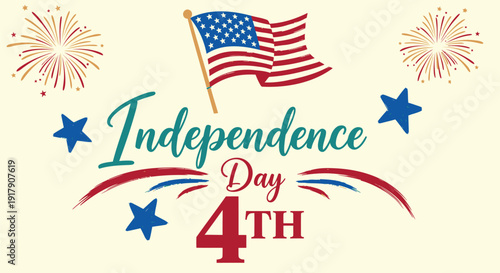 American Independence Day 4th of July vector graphic, patriotic celebration icon with flag, fireworks and ribbons.