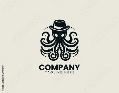 Octopus with unique hat black vector logo illustration white background