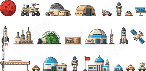 Space Colony Base Illustration Set Featuring Mars Habitat Buildings, Astronauts, Rovers, Rockets, and Futuristic Space Structures