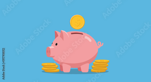 Pink Piggy Bank with Coins Nearby.