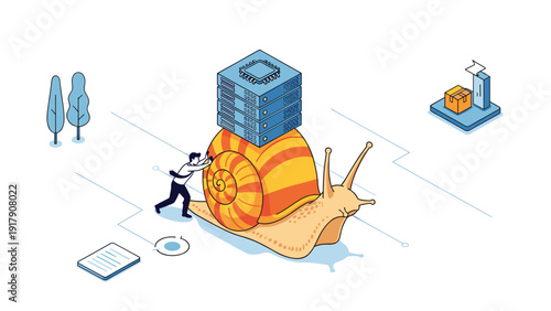 Slow data processing and server performance illustrated by a man pushing a giant snail carrying a stack of computer network servers.