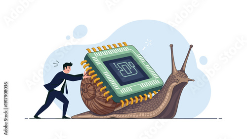 Slow computer hardware performance concept featuring a businessman struggling to push a large snail carrying a central processing unit.