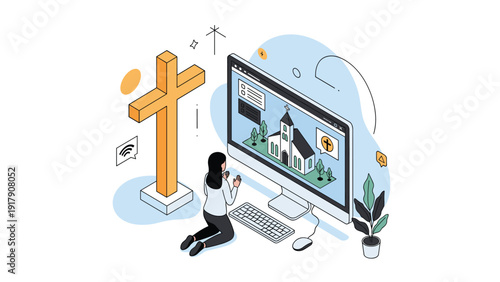 Online religious service and digital worship with a woman kneeling in prayer before a computer screen displaying a virtual church building.
