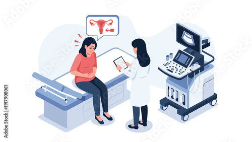 Medical consultation for reproductive health with a female doctor explaining uterine conditions to a worried patient in a modern clinic.
