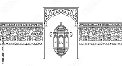 Ornate Lantern Hanging from Decorative Archway.