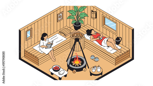 Wellness and relaxation in a traditional wooden sauna where two women are resting and reading while enjoying the heat of the fire.