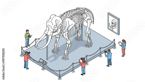 Educational visit to a natural history museum where students and photographers examine a large mammoth skeleton on a display platform.
