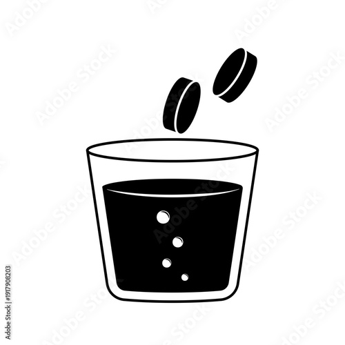 Pills falling in glass of water icon