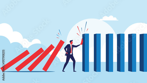 Business crisis management with a determined professional stopping a falling row of dominoes to prevent a total company collapse.