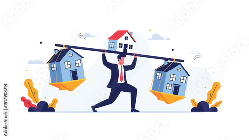 Real estate investment and property management concept showing a businessman balancing several houses on a long pole over his head.