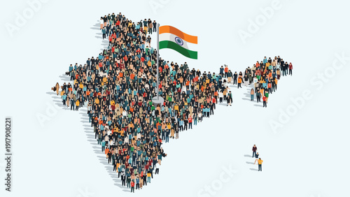 Population of India and national pride shown by a massive crowd of people forming the geographic shape of the country with the flag.