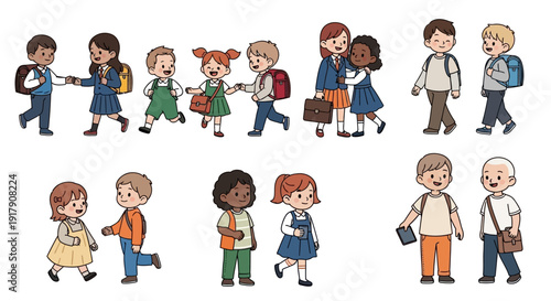 Collection of happy diverse elementary school children walking and interacting with school bags
