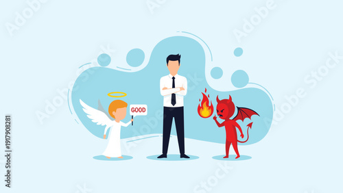 Moral dilemma and ethics in decision making featuring a businessman standing between a small angel and a devil giving him advice.