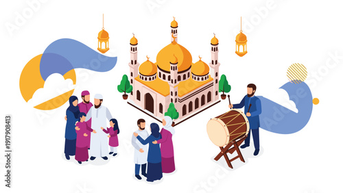 Muslim families and children celebrating Eid at a mosque with traditional drumming and joyous greetings in an isometric illustration.