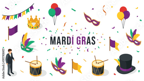 Colorful Mardi Gras celebration elements featuring masks, drums, balloons, and confetti icons in an isometric flat design style.