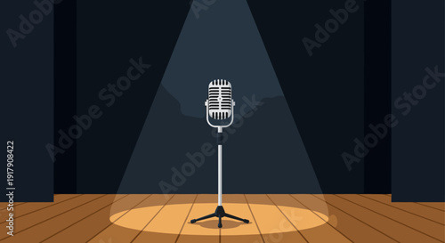 Vintage Microphone on Stand Spotlight Stage.