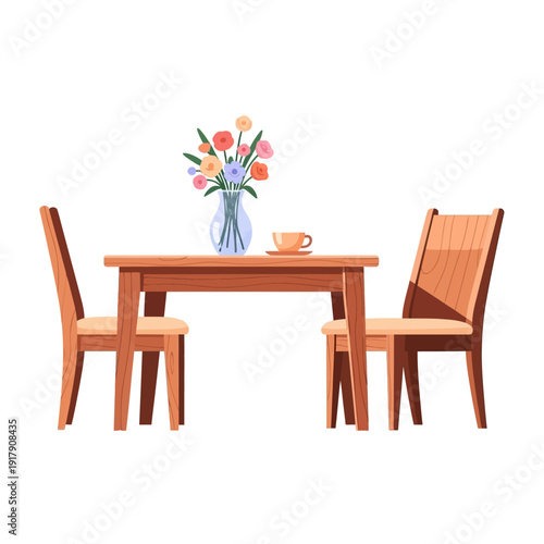 Cozy Dining Set: Wooden Table, Chairs, and Flower Vase with Coffee Cup