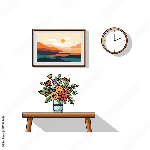 Cozy room corner with landscape painting, flower vase on wooden table, and wall clock
